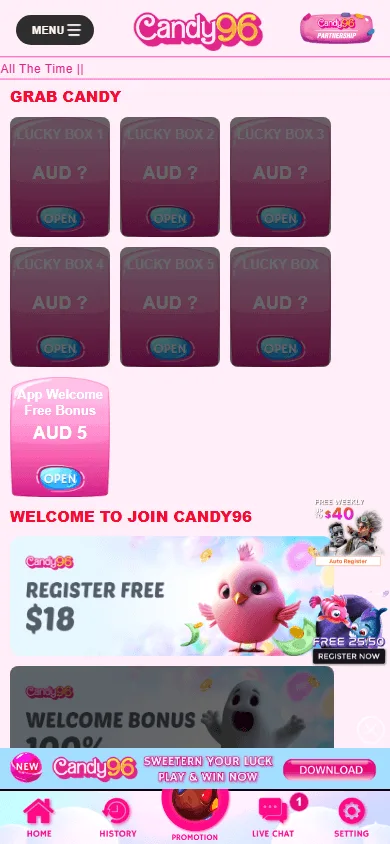 Candy96 Casino promotions area on a mobile screen