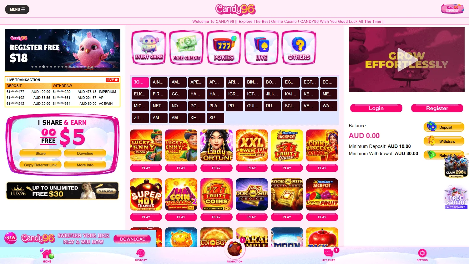 Candy96 Casino home page on a desktop screen