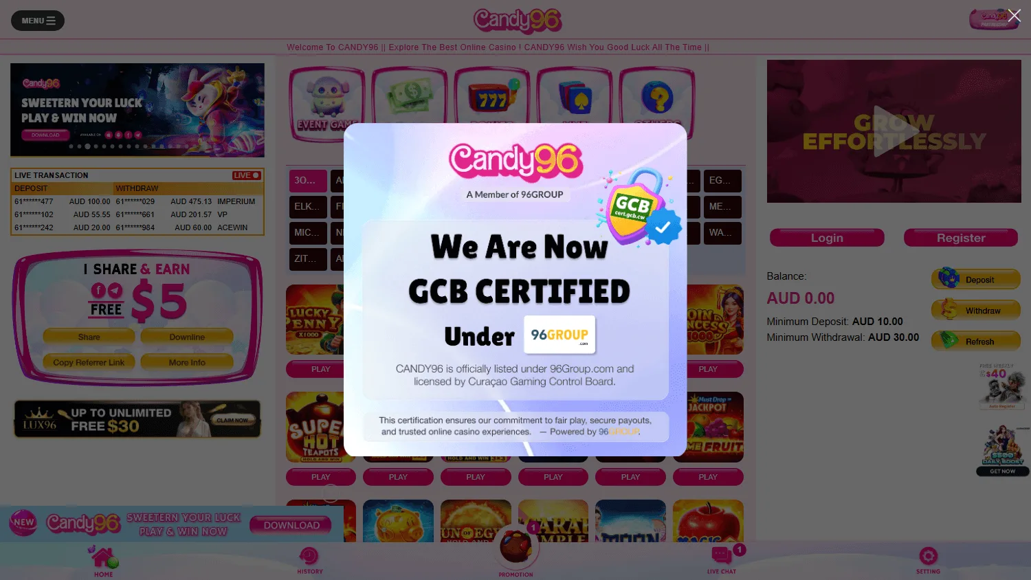 Candy96 Casino games area on a desktop screen
