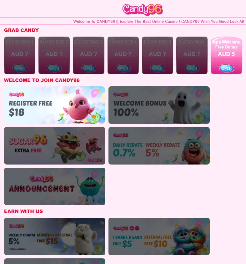 Candy96 Casino promotions area on a desktop screen